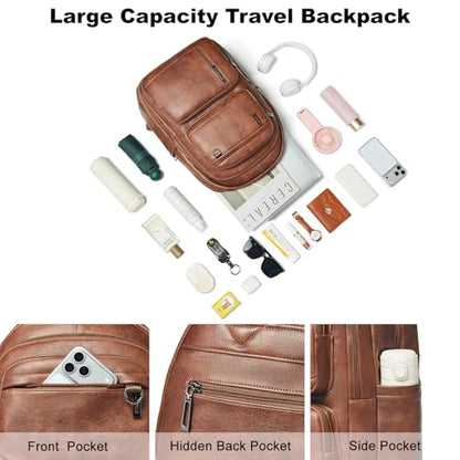 LATMAP Vegan Leather Backpack 17Inch Laptop Backpack for Women Travel Brown | Large capacity, laptop compartment, water-resistant, easy to wipe clean, TSA-friendly, with luggage strap & pickpocket-proof - color: Brown