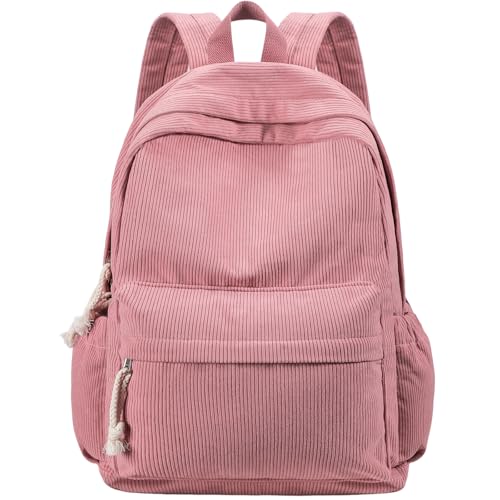 School Backpack for Teen Girls, Cute Corduroy Bookbags, Elementary High School Lightweight Laptop Bags, Women Work Travel Daypacks (Pink) - color: Pink