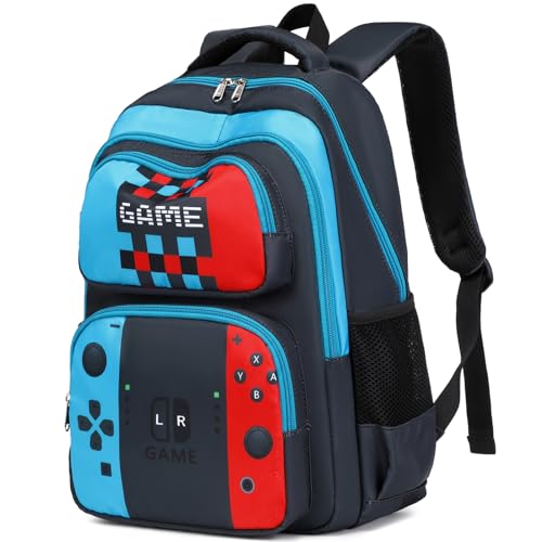 JIANYA School Backpack for Boys and Girls Elementary Children's School Bag Kids Backpack with Lunch Box - color: Gamer/ Blue