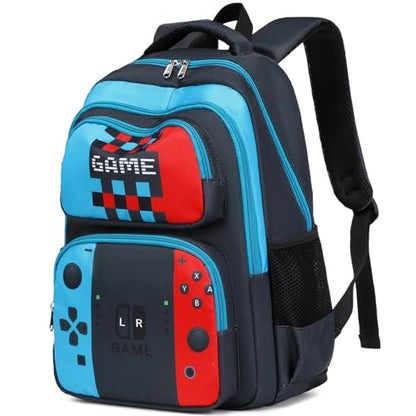 JIANYA School Backpack for Boys and Girls Elementary Children's School Bag Kids Backpack with Lunch Box - color: Gamer/ Blue