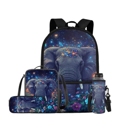 Aesthetic Elephant Backpack for Kids Girls Backpack with Lunch Box Water Bottle Holder and Large Pencil Case 4PCS Set Bookbag with Front Pocket 17 inch Lightweight School Bag with Side Pocket - color: Aesthetic Elephant