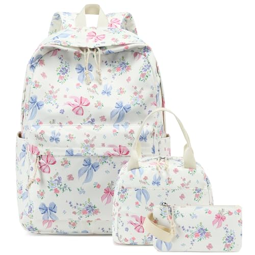 Bluboon Teen Girls School Backpack Kids Bookbag Set with Lunch Box Pencil Case Travel Laptop Backpack Casual Daypacks (Pink Blue Bow - White) - color: Pink Blue Bow - White