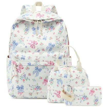 Bluboon Teen Girls School Backpack Kids Bookbag Set with Lunch Box Pencil Case Travel Laptop Backpack Casual Daypacks (Pink Blue Bow - White) - color: Pink Blue Bow - White