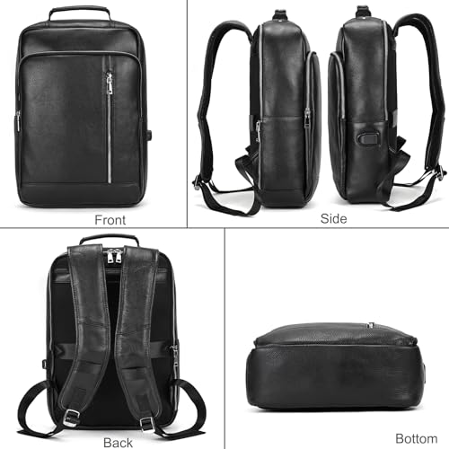 Genuine Leather Backpack Men Casual Daypack 15.6 Inch Laptop Rucksack Business Travel Outdoor Shoulder Bag with Trolley Sleeve (Black) - color: 8028-black