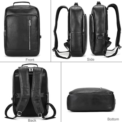 Genuine Leather Backpack Men Casual Daypack 15.6 Inch Laptop Rucksack Business Travel Outdoor Shoulder Bag with Trolley Sleeve (Black) - color: 8028-black