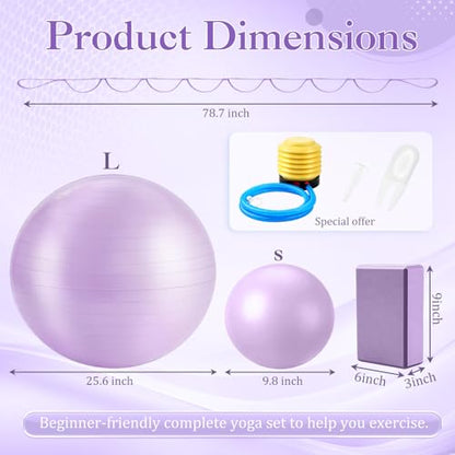 Pilates Set with 2 Yoga Exercise Balls (25.6”&9.8”), Yoga Block, Stretch Strap & Foot Pump, Stability Fitness Ball Kit for Home Gym Equipment Workout Pregnancy Physical Therapy - color: Purple