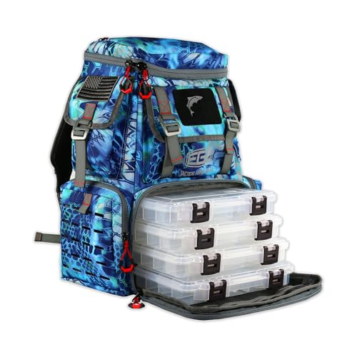 Ego Kryptek Tactical Tackle Box Backpack, Durable Fishing Tool Bag, 1000D Nylon Fabric with PVC Back, Water-Resistant, Multiple Storage Pockets, Laser-Cut Molle Loops, Includes 4 Tackle Trays - color: Pontus, size: Backpack - Regular