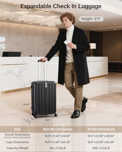 Hanke 26 Inch Expandable Luggage Top Opening Checked Bag Luggage Hard Shell Suitcases with Wheels Lightweight Travel Luggage Heavy Duty Luggage Suitcase with Lock for Woman Men-Jet Black - color: Jet Black, size: 26 Inch Expandable