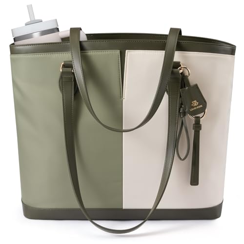 LOVEVOOK Laptop Tote Bag for Women, Lightweight Work Tote with Cup Holder, Waterproof Large Computer Bag for Office Travel - color: Bean Green Off-white, size: 15.6Inch