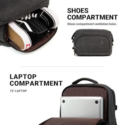 KAUKKO Canvas Travel Rucksack, Large Capacity Carry On Bag with Shoe Pouch and 15.6 inch Laptop Compartment, Flight Approved Outdoor 40L Luggage Weekender Bag, 12-BLACK - color: 12-black