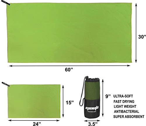 EPAuto 2-Pack Microfiber Quick Dry Towel Set - Lightweight, Super Absorbent & Compact Travel Towels (60"x30" & 24"x15") for Gym, Camping, Beach, Yoga & Backpacking, Green - color: Green