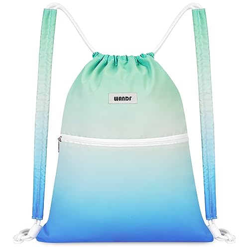 WANDF Drawstring Backpack Sports Gym Bag with Shoulder Pads Water Resistant String Bag Cinch Bag for Women Men (Blue-Green Gradient) - color: S, Blue-green Gradient-1, size: Small