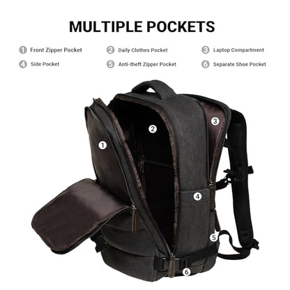 KAUKKO Canvas Travel Rucksack, Large Capacity Carry On Bag with Shoe Pouch and 15.6 inch Laptop Compartment, Flight Approved Outdoor 40L Luggage Weekender Bag, 12-BLACK - color: 12-black