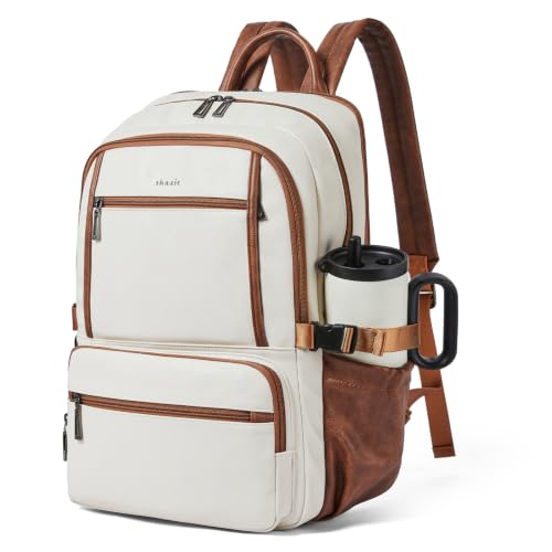 Shrrie 17 Inch Laptop Backpack Purse for Women with Giant Tumbler Holders | Vegan Leather Backpack with Large Water Bottle Pocket,Work Travel Business College Teacher Nurse,35L Large Capaity - color: Beige With Brown