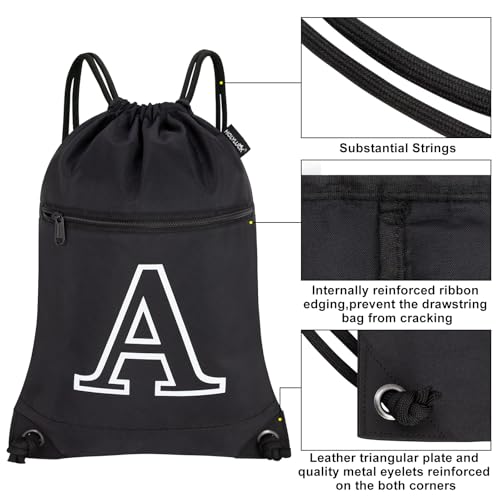 HOLYLUCK Drawstring Bags Initial Backpack Sackpack Cinch Bags for Sports, Gym, Travel, Beach, Letter (Black-A) - color: Black-a