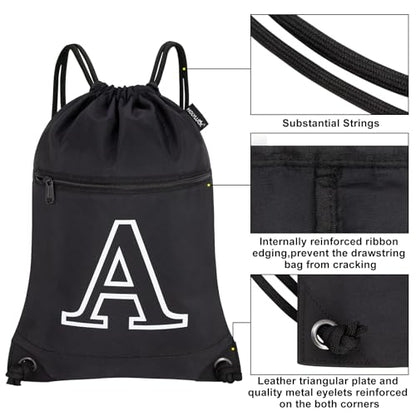 HOLYLUCK Drawstring Bags Initial Backpack Sackpack Cinch Bags for Sports, Gym, Travel, Beach, Letter (Black-A) - color: Black-a