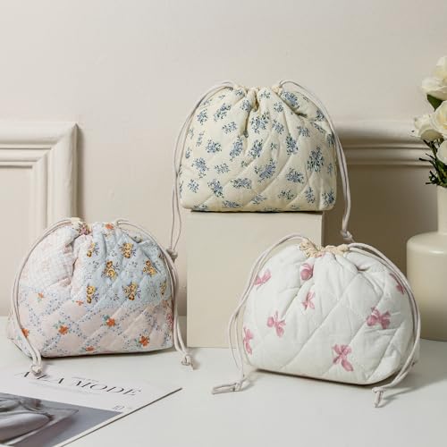 Cotton Quilted Drawstring Makeup Bag with Canvas Lining,Coquette Aesthetic Cute Travel Toiletry Bag,Drawstring Gift Bag for Women and Girls（08Pink Flower） - color: 08Pink Flower