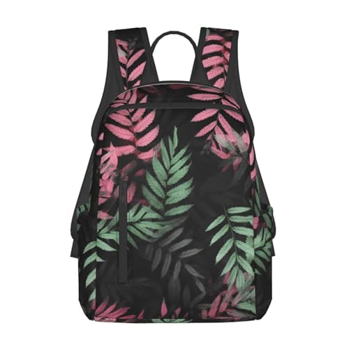 Black pink green leaves Travel Backpack for Men & Women 14 inch Laptop Backpack Waterproof Work Back Pack - color: Black Pink Green Leaves