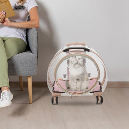 Pet Carrier with Wheels, Clear Cat Carrier Pet Trolley Case Pet Backpack with Multiple Ventilation Holes for Cats and Dogs, Pink - color: Pink Cat Carrier
