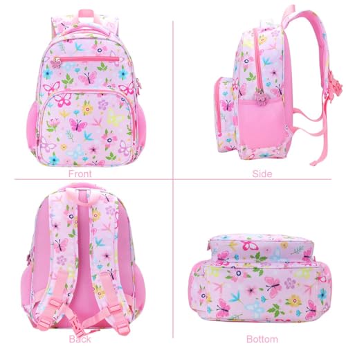 RHCPFOVR Kids Backpack for Girls - Girls Backpack 3-8 Ages Butterfly for Kids 15 Inch School Bookbag for Kindergarten Elementary School Bookbag for Girl 1st 2nd Grade - style: Pink Flowers
