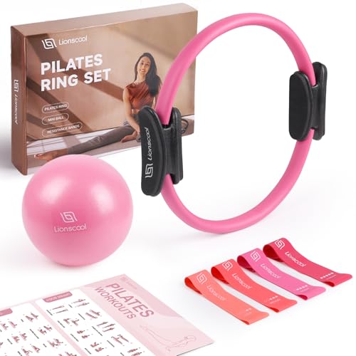 LIONSCOOL Pilates Ring Set – 14" Anti-Deformation Magic Circle with Padded Handles, Mini Ball, Resistance Bands, Guide & Bag - color: Pink
