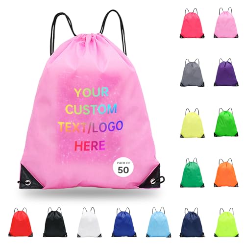 JEOHLORY pack of 50 Custom Bags With Your Logo,Drawstring Backpacks Bulk String Bag,Great for Travelling, Gym and for Everyday Use (Custom Pink) - color: Custom Pink