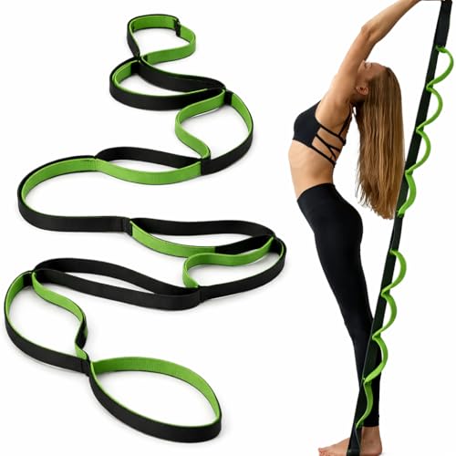 Stretching Strap Yoga Strap Therapy for Home Workout, Exercise, Pilates and Gymnastics, 10 Loops Non-Elastic Stretch Bands - color: Black Green