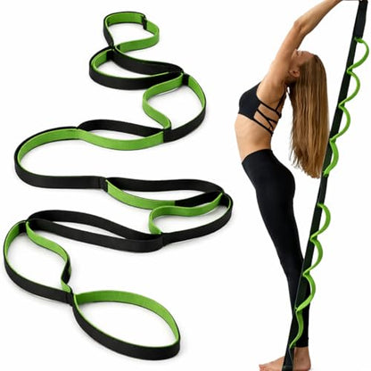 Stretching Strap Yoga Strap Therapy for Home Workout, Exercise, Pilates and Gymnastics, 10 Loops Non-Elastic Stretch Bands - color: Black Green