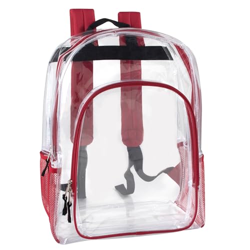 Heavy Duty Clear See Through Backpack | Transparent Clear Backpack Bags Stadium Approved for Women, Men, School, Travel - color: Red