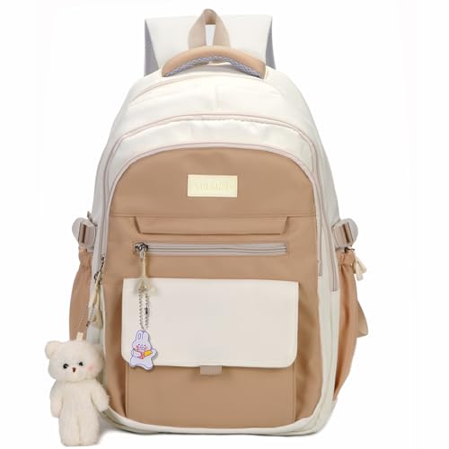 PRLINJSK Girls Backpack for College High Middle School Student, Cute Aesthetic Bookbag for Teens Women with Accessories,Khaki Beige - color: Beige Khaki, size: 17.5 Inch