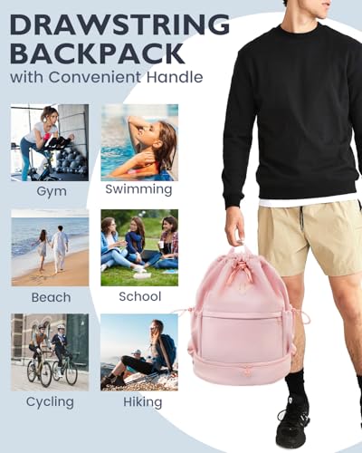 RHDZO Drawstring Backpack Sports Gym Bag with Shoe Compartment and Wet Pocket String Swim Bag for Women Men Beach Backpack, Pink - color: Pink