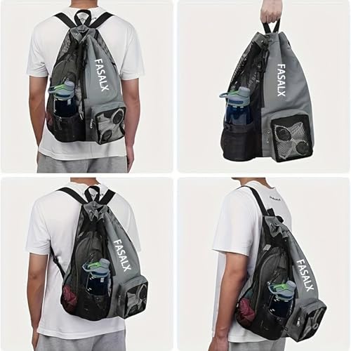 3-in-1 Swim Beach Gym Gear Set.Mesh Drawstring Backpack + Microfiber Beach Towel + Waterproof Phone Pouch, for Swimming, Gym - color: Grey