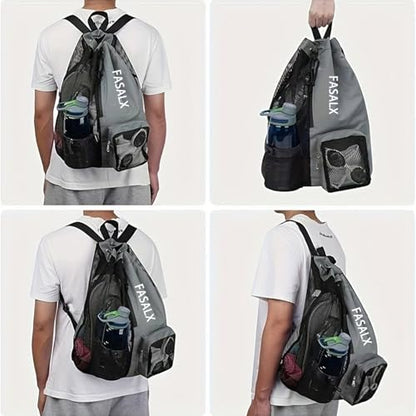 3-in-1 Swim Beach Gym Gear Set.Mesh Drawstring Backpack + Microfiber Beach Towel + Waterproof Phone Pouch, for Swimming, Gym - color: Grey