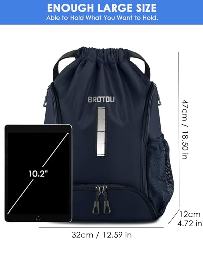 BROTOU Soccer Drawstring Backpack, Basketball Bag, Volleyball Football Bags with Ball and Shoe Compartment - color: Navy Blue
