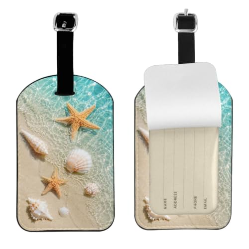 Beach Starfish Leather Luggage Tags for Travel Baggage Bag Name Id Labels with Privacy Cover for Suitcase 2 Pack - color: Beach