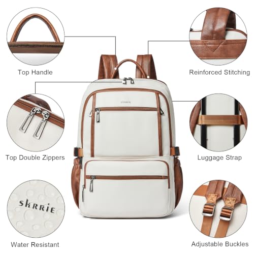 Shrrie 17 Inch Laptop Backpack Purse for Women with Giant Tumbler Holders | Vegan Leather Backpack with Large Water Bottle Pocket,Work Travel Business College Teacher Nurse,35L Large Capaity - color: Beige With Brown