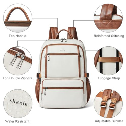 Shrrie 17 Inch Laptop Backpack Purse for Women with Giant Tumbler Holders | Vegan Leather Backpack with Large Water Bottle Pocket,Work Travel Business College Teacher Nurse,35L Large Capaity - color: Beige With Brown