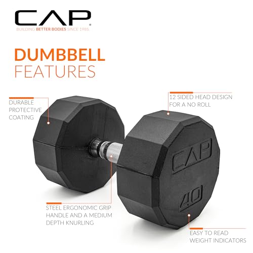 CAP Barbell Coated Hex Dumbbell Weight - Single | 10-120 lbs | Multiple Options - size: 40 lb, style: 12-Sided - Chrome Handle