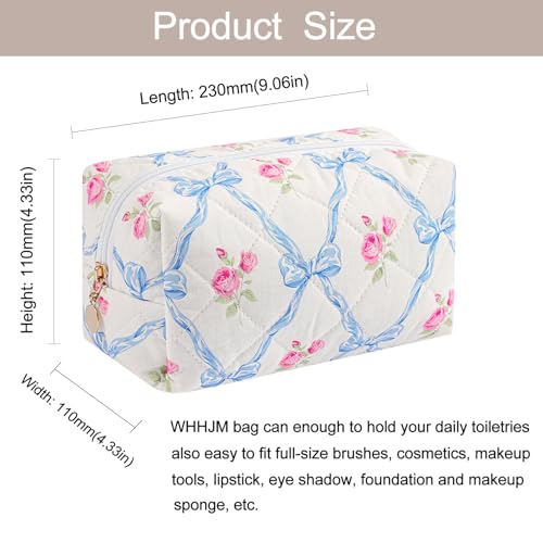 Cute Floral Makeup Bag Small Cotton Quilted Cosmetic Bag, Aesthetic Essential Bag Emergency Bag Gift for Women Girls Travel Accessories (Blue Bowknot Rose) - color: A7 Blue Bowknot Rose