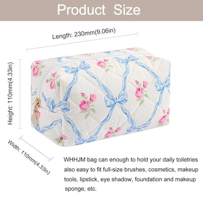 Cute Floral Makeup Bag Small Cotton Quilted Cosmetic Bag, Aesthetic Essential Bag Emergency Bag Gift for Women Girls Travel Accessories (Blue Bowknot Rose) - color: A7 Blue Bowknot Rose