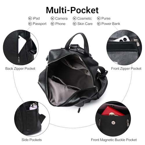 WYFJNX PU Leather Womens Backpack Purse Ladies Backpack Handbag Fashion Shoulder Bag Small Travel Bag Black - color: Dark Black