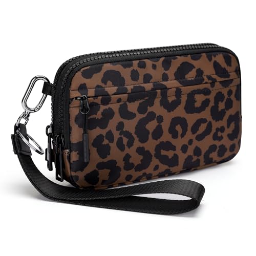 FODOKO Wristlet wallets for women Nylon Quilted Wallet with 4 Zippers,Travel Credit Card,Holder Cell Phone Organizer - color: Brown Leopard