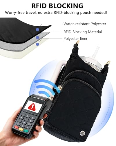 Water Bottle Holder with Strap for 30/32 oz, Crossbody Water Bottle Carrier Bag with RFID Blocking Phone Pocket - color: Black Diamond Quilted