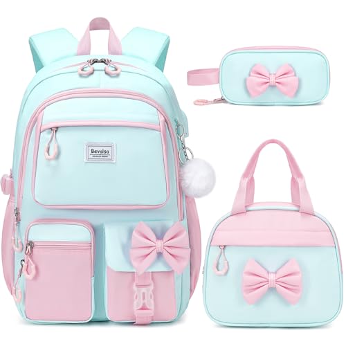 Bevalsa Backpack for Girls, Cute Bow School Bags for Kids with Lunch Bag & Pen Case, Bookbag for Girls Children Teens Elementary Middle Student, Back to School Gift with USB Charging Port - color: Green Pink
