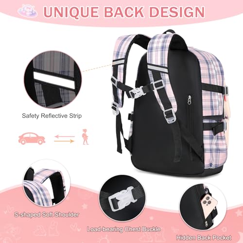 FIXITOK Girls Backpack Set, 3PCS Kids Backpacks for Girl, Kawaii Bunny School Backpack for Girls Kindergarten Elementary Preschool Middle School Bags with Lunch Box Pencil Case Blackpink-Plaid - color: Blackpink-plaid
