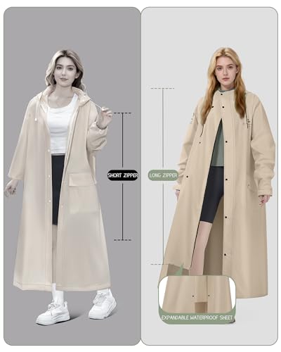 Rain Jacket Women with Hooded Waterproof Lightweight Packable Long Raincoat Poncho for Men Adults - color: Khaki, size: Medium