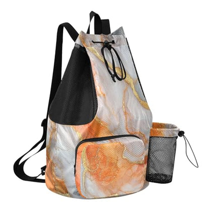 Drawstring Beach Backpack Sports Bag With Water Bottle Pocket Cinch Bags Wet and Dry Separation Marble White Orange - color: Color 25