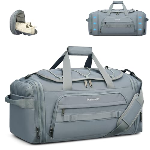 Hanke Gym Bag for Men Women, Expandable 45L-55L Large Capacity Travel Duffle Bag, 3-in-1 Weekender Backpack with Shoe Compartment & Wet Pocket, Durable Water-Resistant, Grey - color: Grey