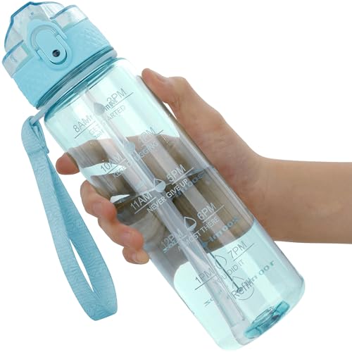 OLDLEY 17oz Kids Water Bottle, Tritan BPA-Free, Leakproof Flip Straw Lid, Motivational Time Marker, Carry Strap, Reusable Clear Water Bottle for Boys & Girls,Cerulean - color: Cerulean, style: 17 Ounces