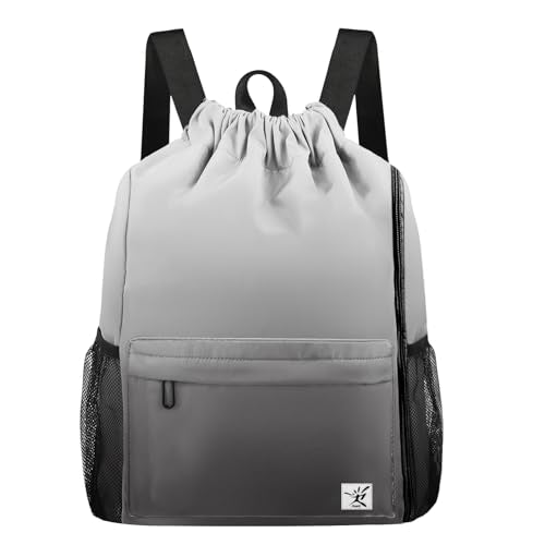 Drawstring Backpack with Mesh Pockets String Gym Bag Sackpack Sandproof Water Resistant Beach Backpack for Men Women - color: Gradient Gray